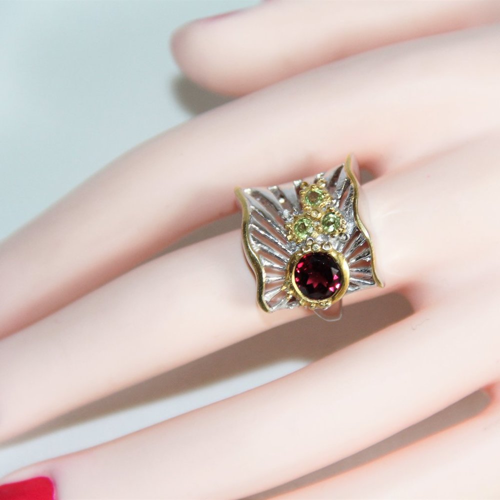 Sterling Silver Gold Vermeil Garnet & Peridot Ring